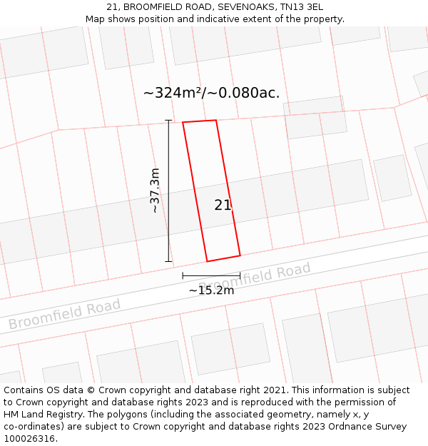 21, BROOMFIELD ROAD, SEVENOAKS, TN13 3EL: Plot and title map