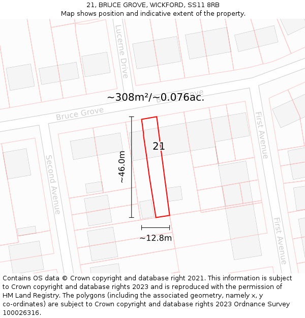 21, BRUCE GROVE, WICKFORD, SS11 8RB: Plot and title map