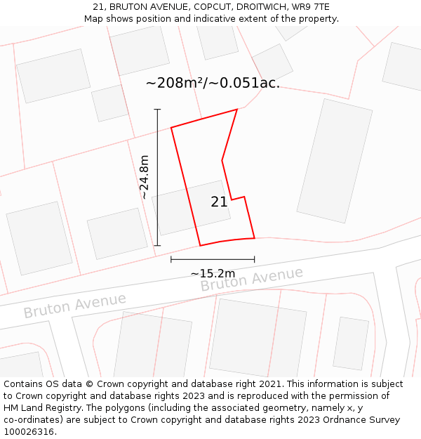 21, BRUTON AVENUE, COPCUT, DROITWICH, WR9 7TE: Plot and title map