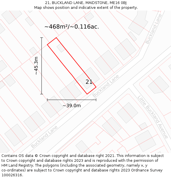 21, BUCKLAND LANE, MAIDSTONE, ME16 0BJ: Plot and title map