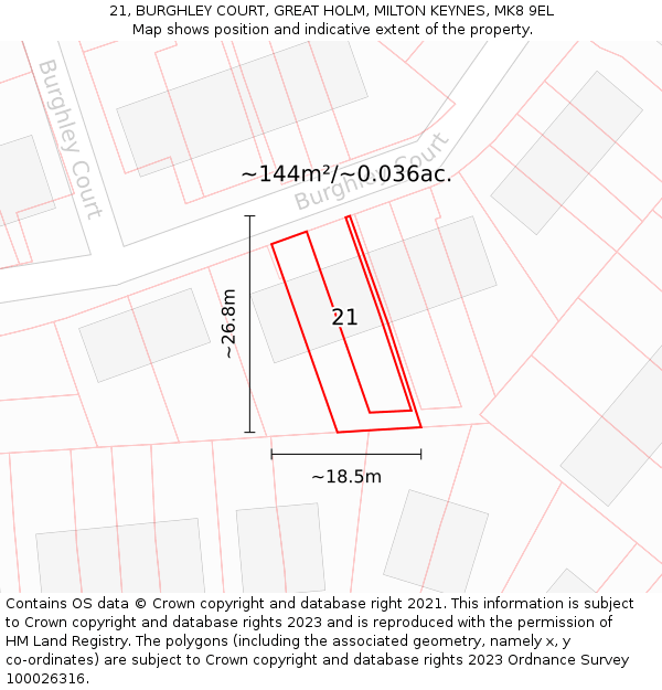 21, BURGHLEY COURT, GREAT HOLM, MILTON KEYNES, MK8 9EL: Plot and title map