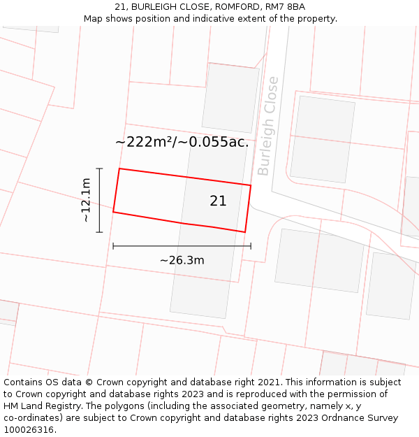 21, BURLEIGH CLOSE, ROMFORD, RM7 8BA: Plot and title map