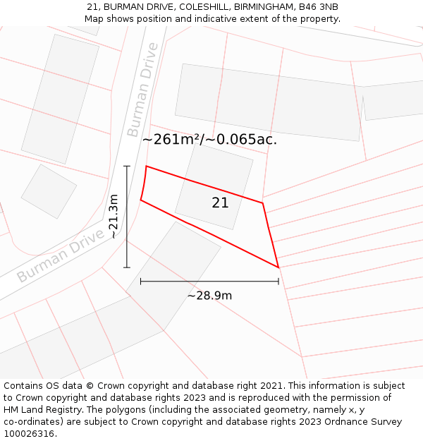 21, BURMAN DRIVE, COLESHILL, BIRMINGHAM, B46 3NB: Plot and title map