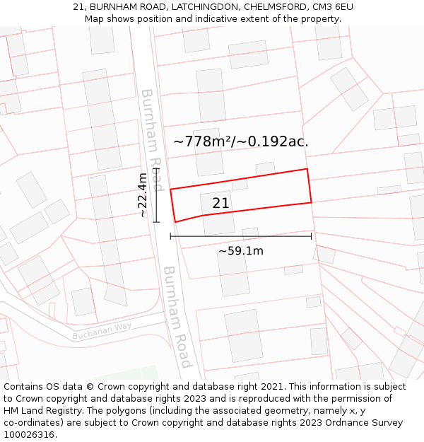 21, BURNHAM ROAD, LATCHINGDON, CHELMSFORD, CM3 6EU: Plot and title map