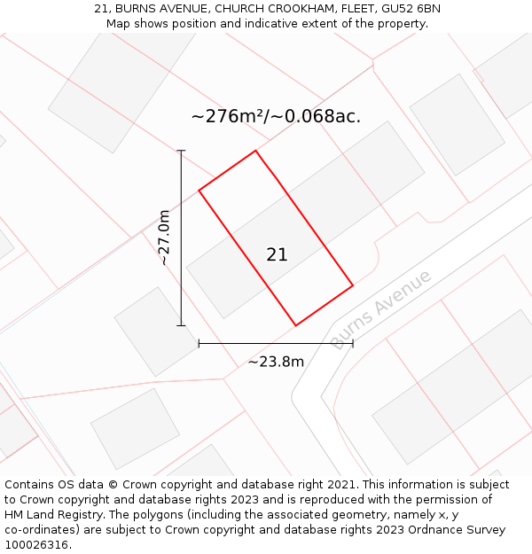 21, BURNS AVENUE, CHURCH CROOKHAM, FLEET, GU52 6BN: Plot and title map