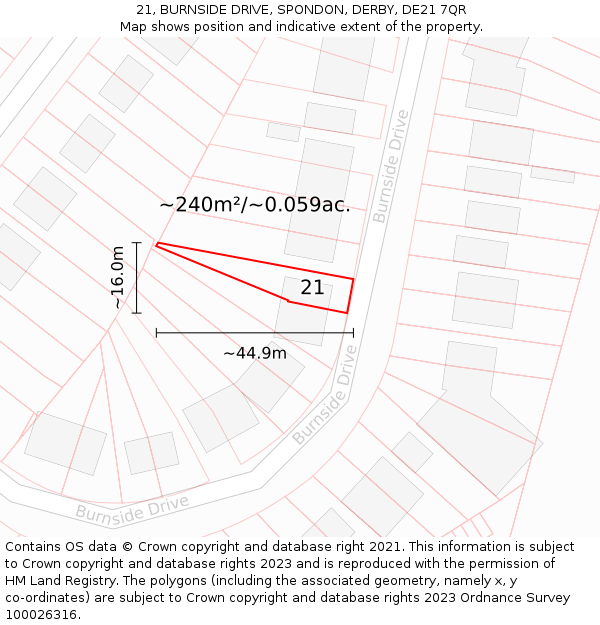 21, BURNSIDE DRIVE, SPONDON, DERBY, DE21 7QR: Plot and title map