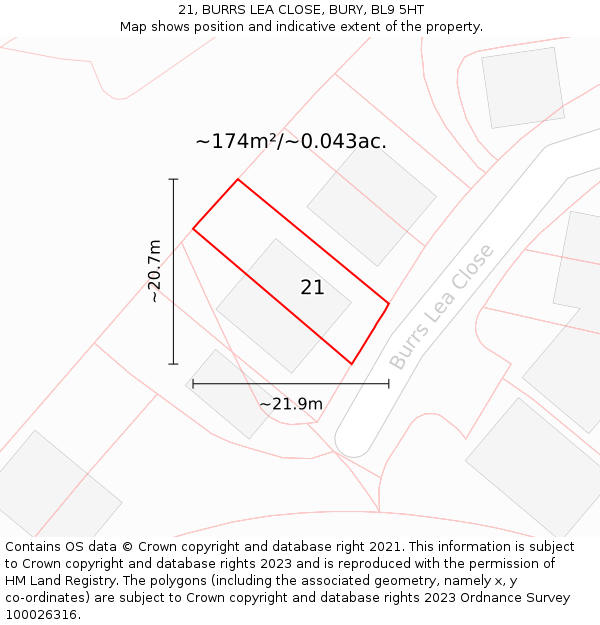 21, BURRS LEA CLOSE, BURY, BL9 5HT: Plot and title map