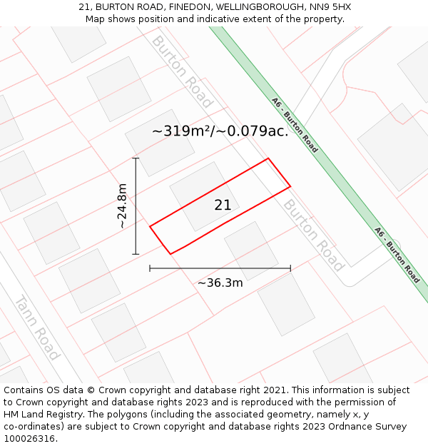 21, BURTON ROAD, FINEDON, WELLINGBOROUGH, NN9 5HX: Plot and title map