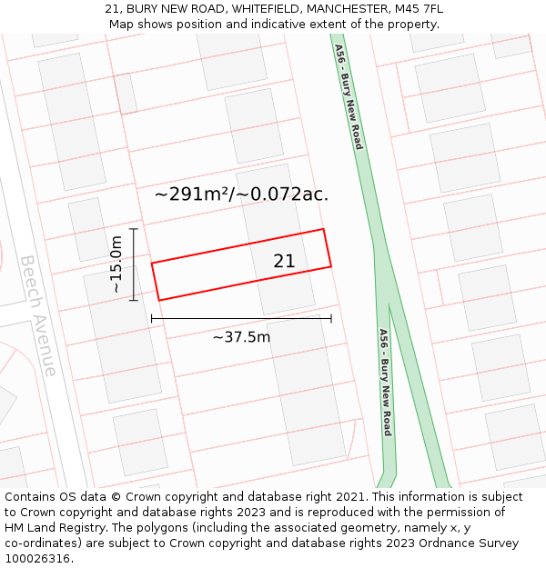 21, BURY NEW ROAD, WHITEFIELD, MANCHESTER, M45 7FL: Plot and title map