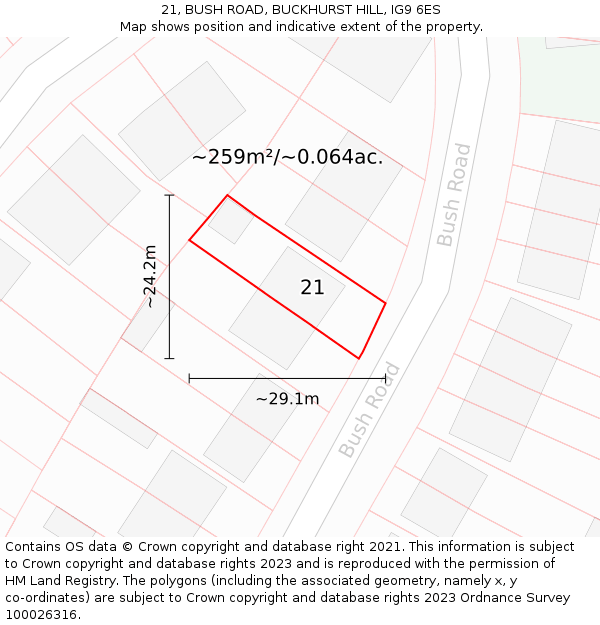 21, BUSH ROAD, BUCKHURST HILL, IG9 6ES: Plot and title map