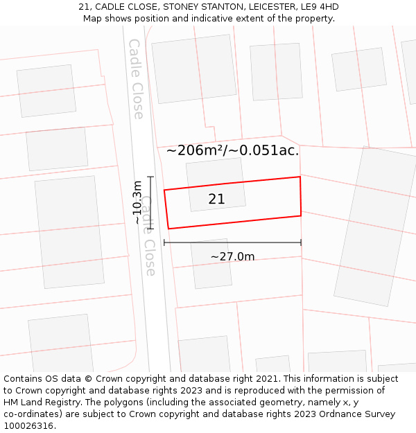 21, CADLE CLOSE, STONEY STANTON, LEICESTER, LE9 4HD: Plot and title map