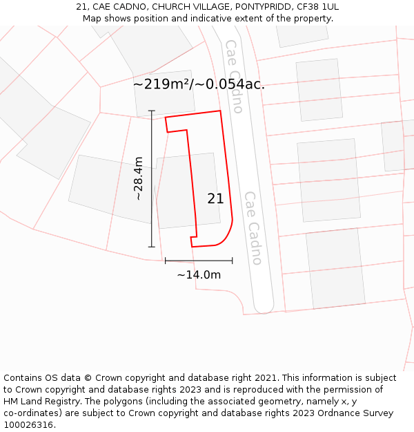 21, CAE CADNO, CHURCH VILLAGE, PONTYPRIDD, CF38 1UL: Plot and title map