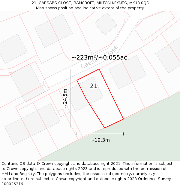 21, CAESARS CLOSE, BANCROFT, MILTON KEYNES, MK13 0QD: Plot and title map