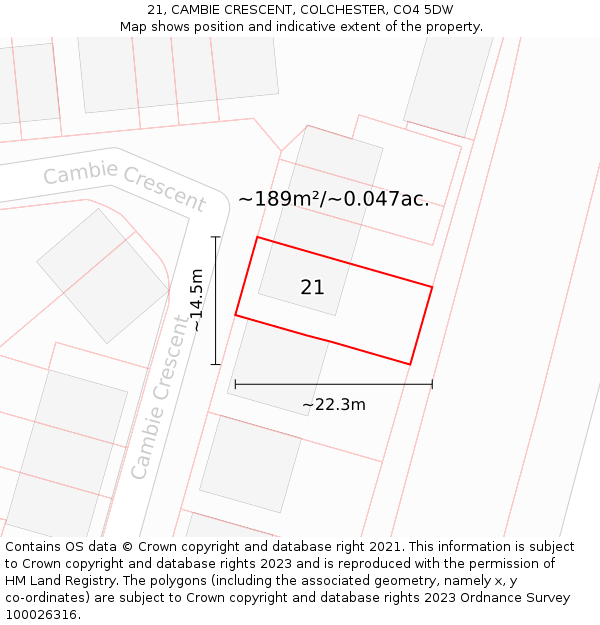 21, CAMBIE CRESCENT, COLCHESTER, CO4 5DW: Plot and title map