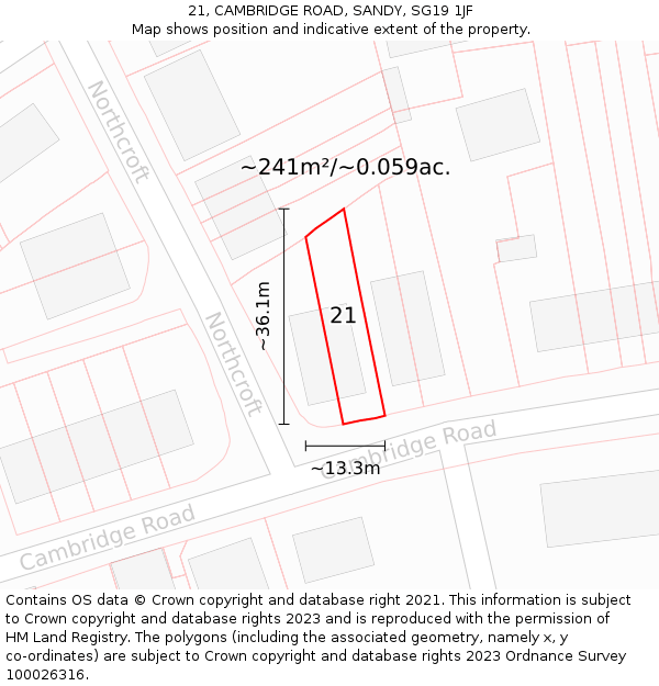 21, CAMBRIDGE ROAD, SANDY, SG19 1JF: Plot and title map