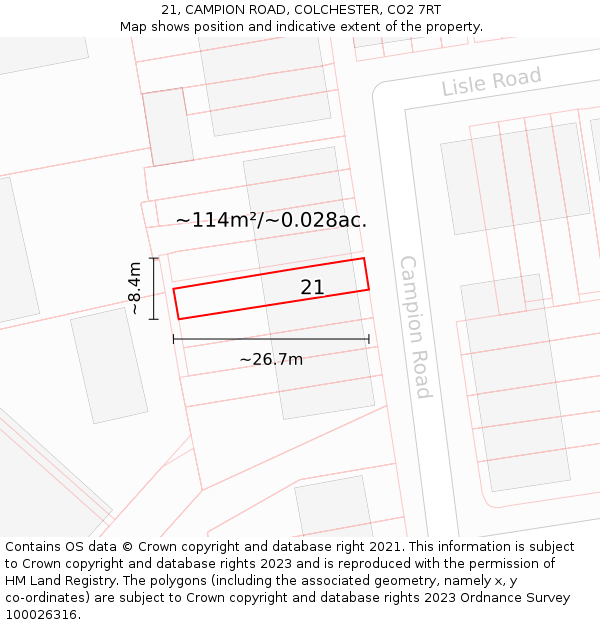 21, CAMPION ROAD, COLCHESTER, CO2 7RT: Plot and title map