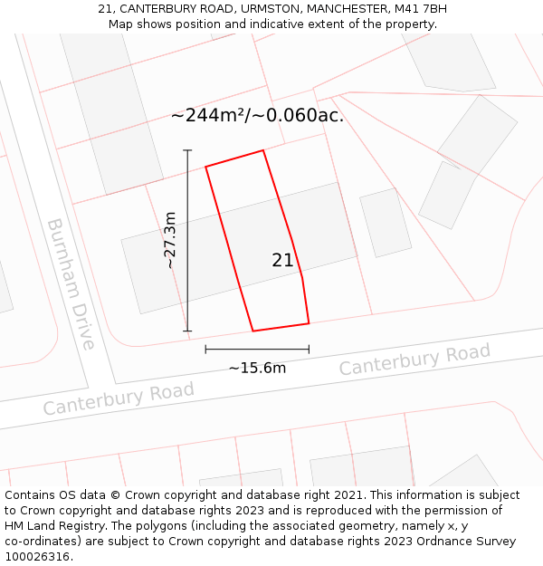 21, CANTERBURY ROAD, URMSTON, MANCHESTER, M41 7BH: Plot and title map