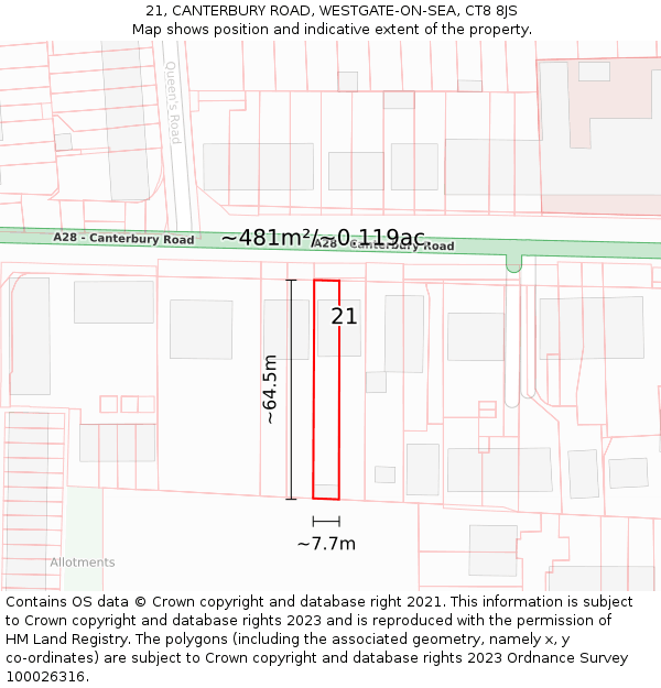 21, CANTERBURY ROAD, WESTGATE-ON-SEA, CT8 8JS: Plot and title map