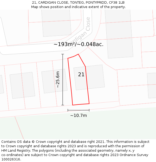 21, CARDIGAN CLOSE, TONTEG, PONTYPRIDD, CF38 1LB: Plot and title map