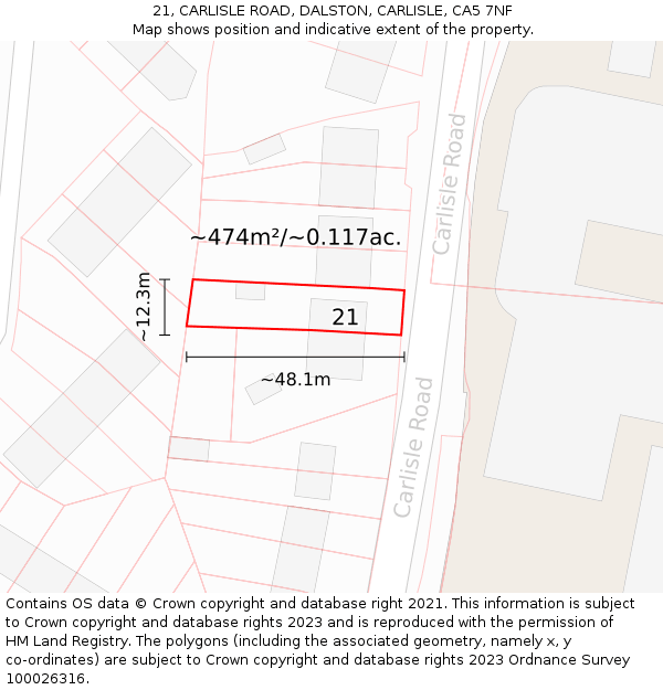 21, CARLISLE ROAD, DALSTON, CARLISLE, CA5 7NF: Plot and title map