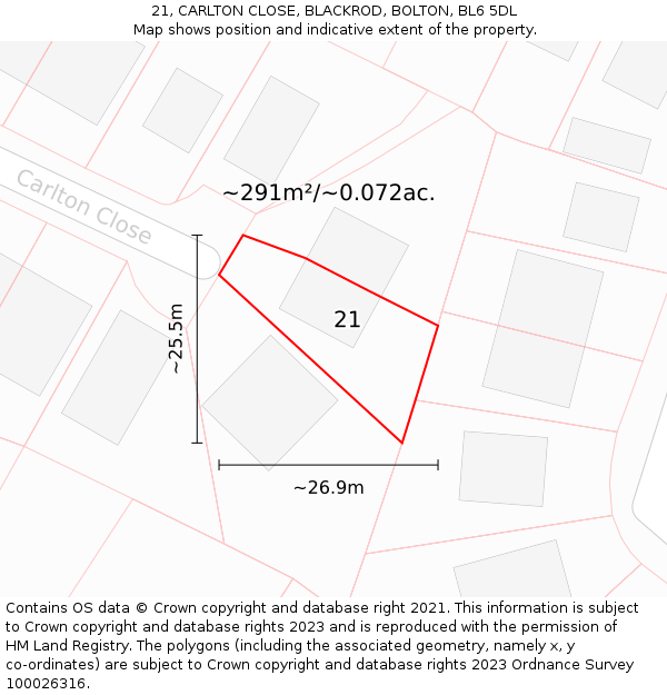 21, CARLTON CLOSE, BLACKROD, BOLTON, BL6 5DL: Plot and title map