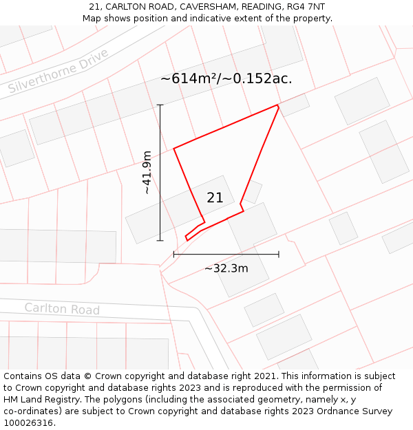 21, CARLTON ROAD, CAVERSHAM, READING, RG4 7NT: Plot and title map