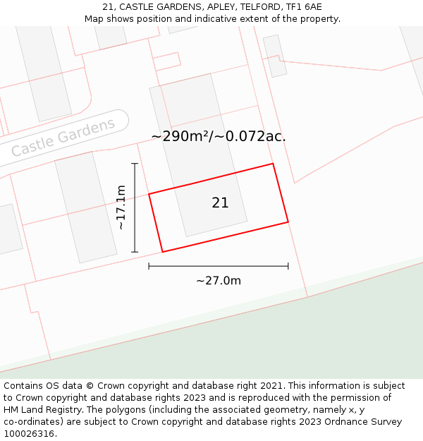 21, CASTLE GARDENS, APLEY, TELFORD, TF1 6AE: Plot and title map