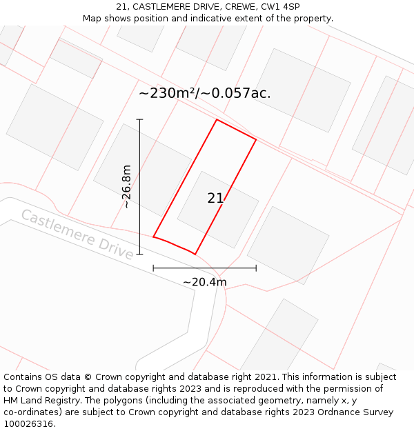 21, CASTLEMERE DRIVE, CREWE, CW1 4SP: Plot and title map