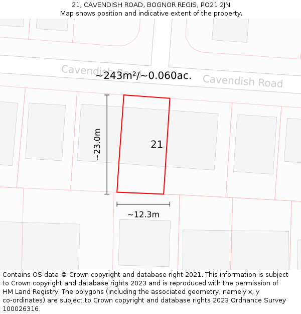 21, CAVENDISH ROAD, BOGNOR REGIS, PO21 2JN: Plot and title map