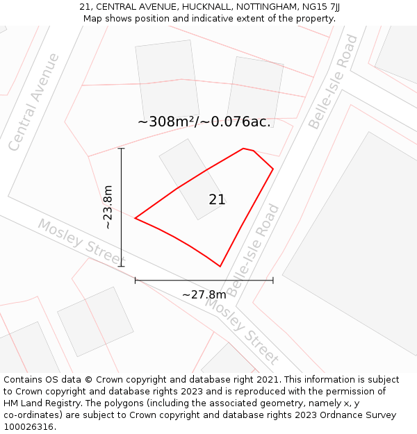 21, CENTRAL AVENUE, HUCKNALL, NOTTINGHAM, NG15 7JJ: Plot and title map