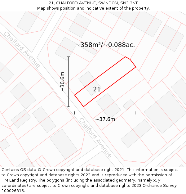 21, CHALFORD AVENUE, SWINDON, SN3 3NT: Plot and title map