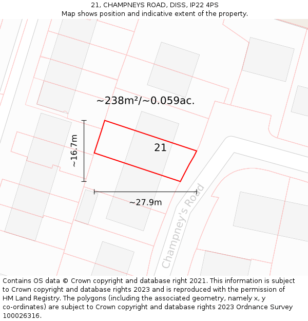 21, CHAMPNEYS ROAD, DISS, IP22 4PS: Plot and title map