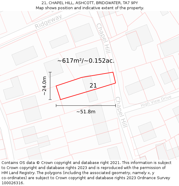 21, CHAPEL HILL, ASHCOTT, BRIDGWATER, TA7 9PY: Plot and title map