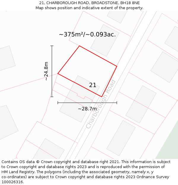 21, CHARBOROUGH ROAD, BROADSTONE, BH18 8NE: Plot and title map