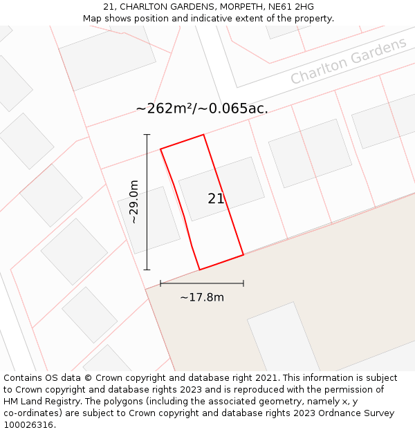 21, CHARLTON GARDENS, MORPETH, NE61 2HG: Plot and title map