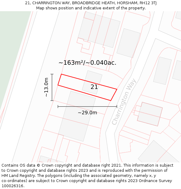 21, CHARRINGTON WAY, BROADBRIDGE HEATH, HORSHAM, RH12 3TJ: Plot and title map