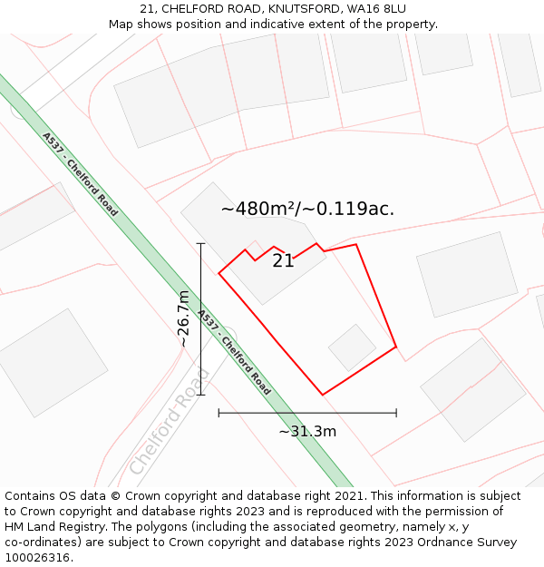 21, CHELFORD ROAD, KNUTSFORD, WA16 8LU: Plot and title map
