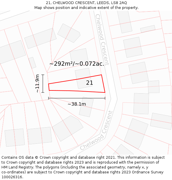 21, CHELWOOD CRESCENT, LEEDS, LS8 2AQ: Plot and title map