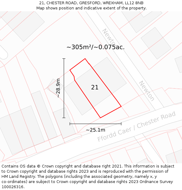 21, CHESTER ROAD, GRESFORD, WREXHAM, LL12 8NB: Plot and title map