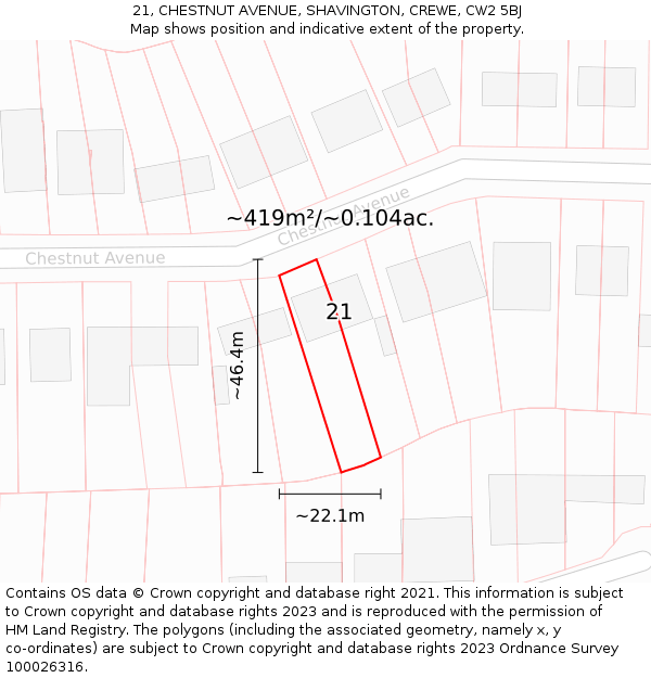 21, CHESTNUT AVENUE, SHAVINGTON, CREWE, CW2 5BJ: Plot and title map