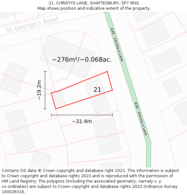 21, CHRISTYS LANE, SHAFTESBURY, SP7 8NQ: Plot and title map