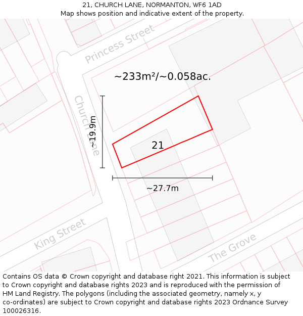 21, CHURCH LANE, NORMANTON, WF6 1AD: Plot and title map