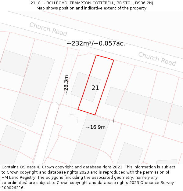 21, CHURCH ROAD, FRAMPTON COTTERELL, BRISTOL, BS36 2NJ: Plot and title map