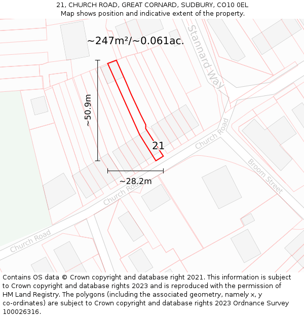 21, CHURCH ROAD, GREAT CORNARD, SUDBURY, CO10 0EL: Plot and title map