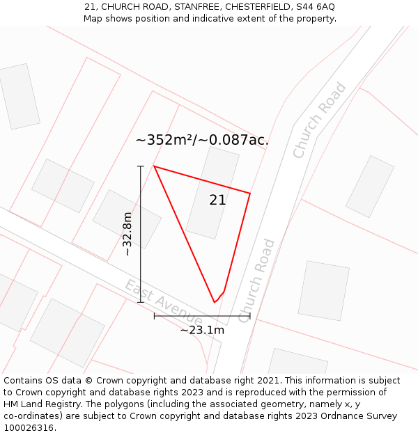 21, CHURCH ROAD, STANFREE, CHESTERFIELD, S44 6AQ: Plot and title map