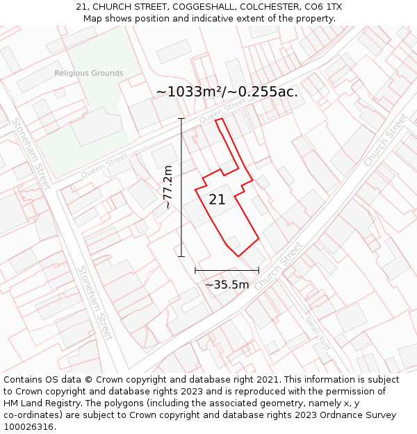 21, CHURCH STREET, COGGESHALL, COLCHESTER, CO6 1TX: Plot and title map