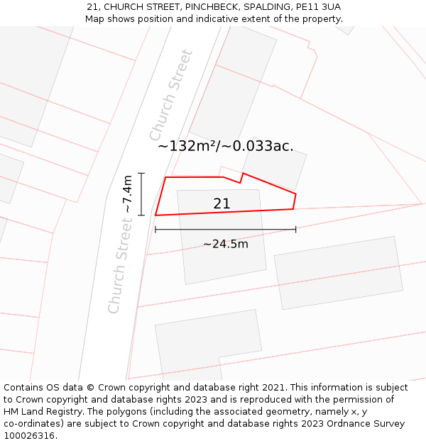 21, CHURCH STREET, PINCHBECK, SPALDING, PE11 3UA: Plot and title map