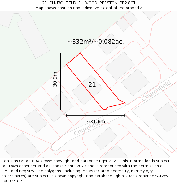 21, CHURCHFIELD, FULWOOD, PRESTON, PR2 8GT: Plot and title map