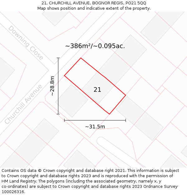 21, CHURCHILL AVENUE, BOGNOR REGIS, PO21 5QQ: Plot and title map