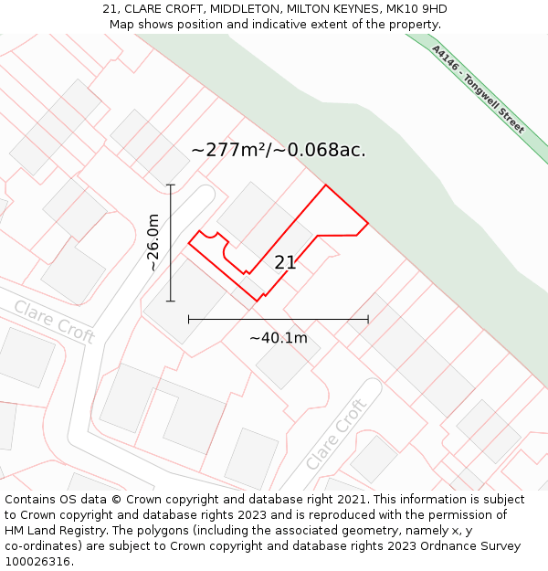 21, CLARE CROFT, MIDDLETON, MILTON KEYNES, MK10 9HD: Plot and title map